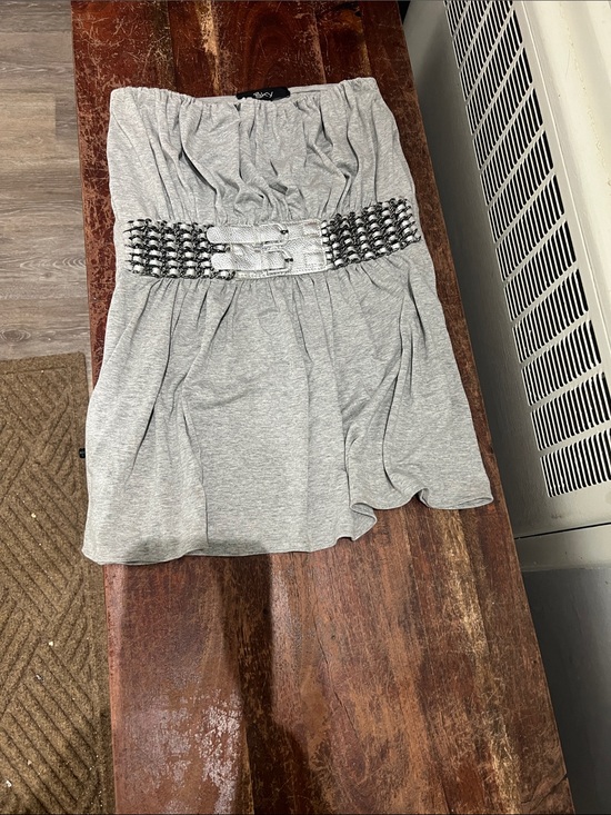 Sky Tops - Sky Light Gray Strapless Dress with Decorative Chain-Link Waistband